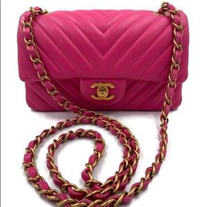Authentic CHANEL Lambskin Chevron Mini Rectangular Pink with gold hardware